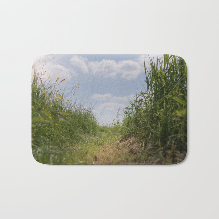 Buttercups and Blue Sky | Blooming Buttercups along a field road | Green Grasses under the Summer Sun Bath Mat