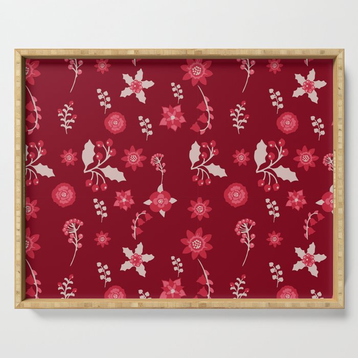 Christmas Poinsettia Flower And Cherry  Serving Tray