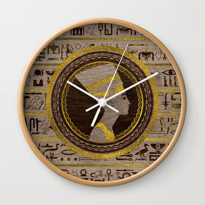 Pyrographed Golden Nefertiti on wood Wall Clock