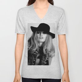 Brigitte Bardot Wearing Black Hat, Retro Fashion Art V Neck T Shirt