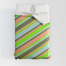 [ Thumbnail: Green, Powder Blue, Dark Olive Green, and Light Salmon Colored Lines/Stripes Pattern Comforter ]