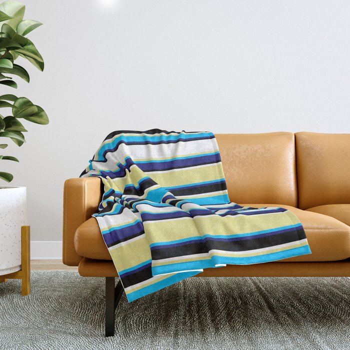 Tan, Deep Sky Blue, Midnight Blue, Black & White Colored Lines Pattern Throw Blanket