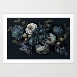 Blue Teal Ivory Regency Vibe Baroque Flowers Art Print