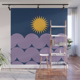 Mid Century Modern Geometric 155 Sun Rainbow abstract in Midnight Blue Yellow Purple Wall Mural