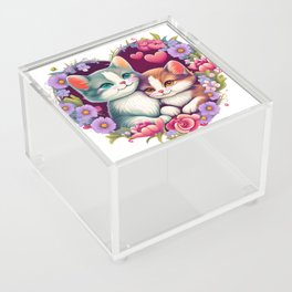 Feline Love: Designing Two Adorable Cats with Roses in a Heart Shape Acrylic Box
