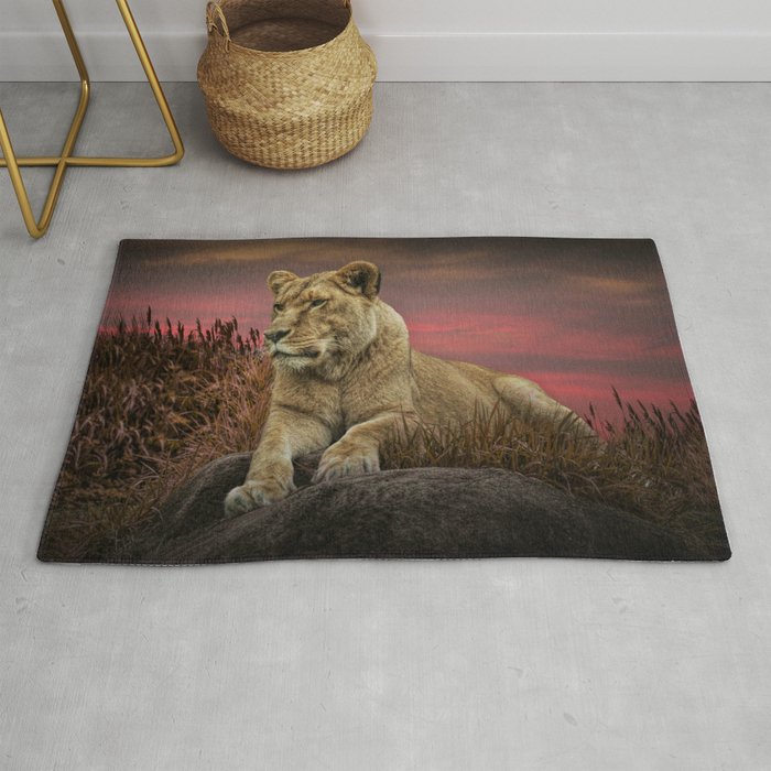 African Female Lion in the Grass at Sunset Rug