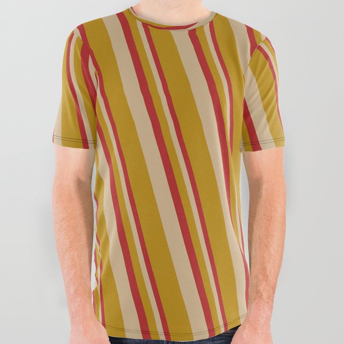 Red, Tan, and Dark Goldenrod Colored Lined Pattern All Over Graphic Tee