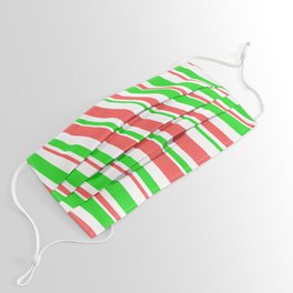 [ Thumbnail: Christmas Style Green, White & Red Colored Stripes/Lines Pattern Face Mask ]