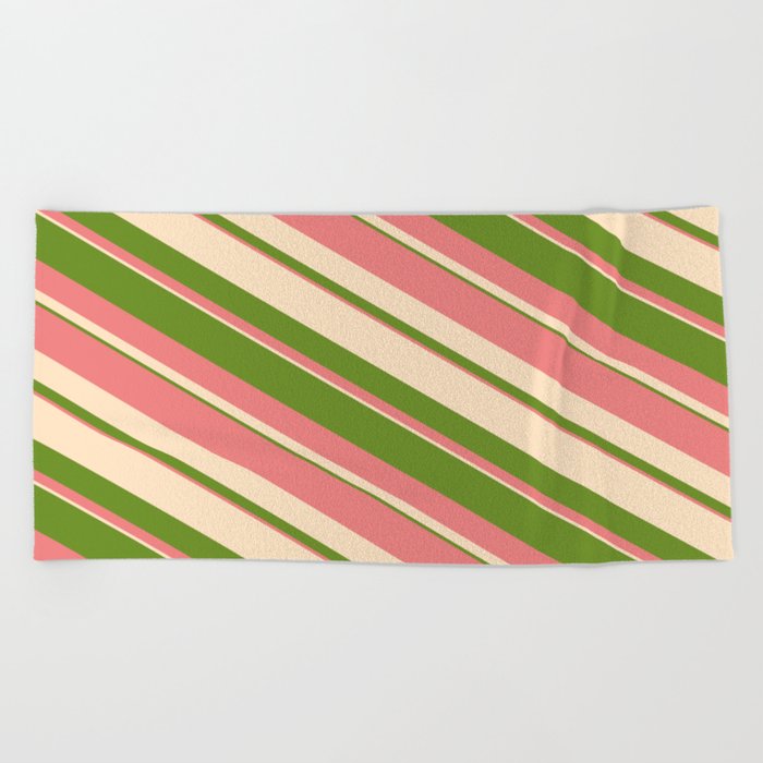 Bisque, Green, and Light Coral Colored Striped/Lined Pattern Beach Towel