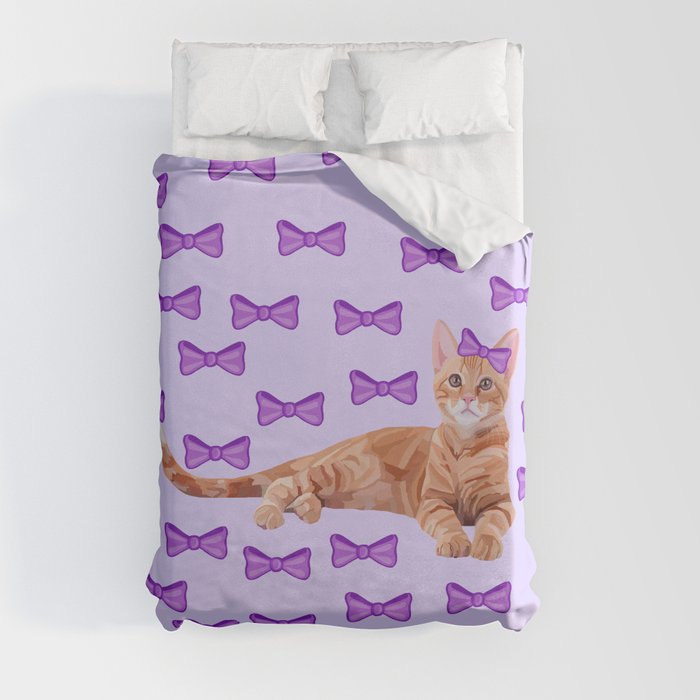 Ginger Cat with Purple Bow Pattern Duvet Cover