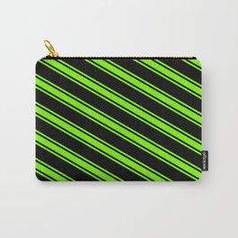 [ Thumbnail: Black & Green Colored Pattern of Stripes Carry-All Pouch ]