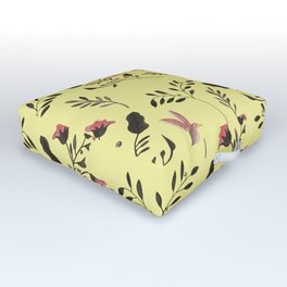 Rose Hummingbirds and Pink Flowers in Butter Yellow Floral Pattern with Pink Flowers and Bark Brown Outdoor Floor Cushion