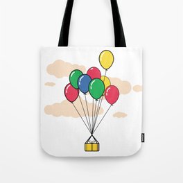 Gift box tied to balloons floating in the sky Tote Bag