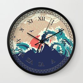 Abstract big waves of ocean and island at sunset landscape Wall Clock