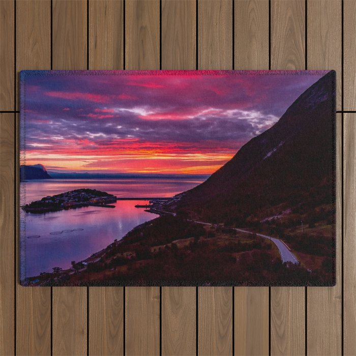 Norway Photography - Beautiful Red Sunset Over A Lake Outdoor Rug