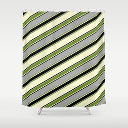 [ Thumbnail: Dark Grey, Green, Light Yellow, and Black Colored Lined Pattern Shower Curtain ]