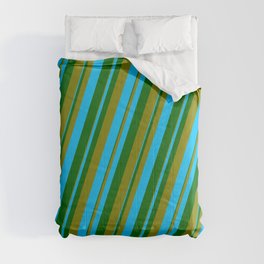 [ Thumbnail: Dark Green, Green, and Deep Sky Blue Colored Lined Pattern Comforter ]