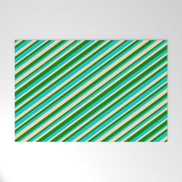 [ Thumbnail: Dark Turquoise, Beige, and Green Colored Striped/Lined Pattern Welcome Mat ]