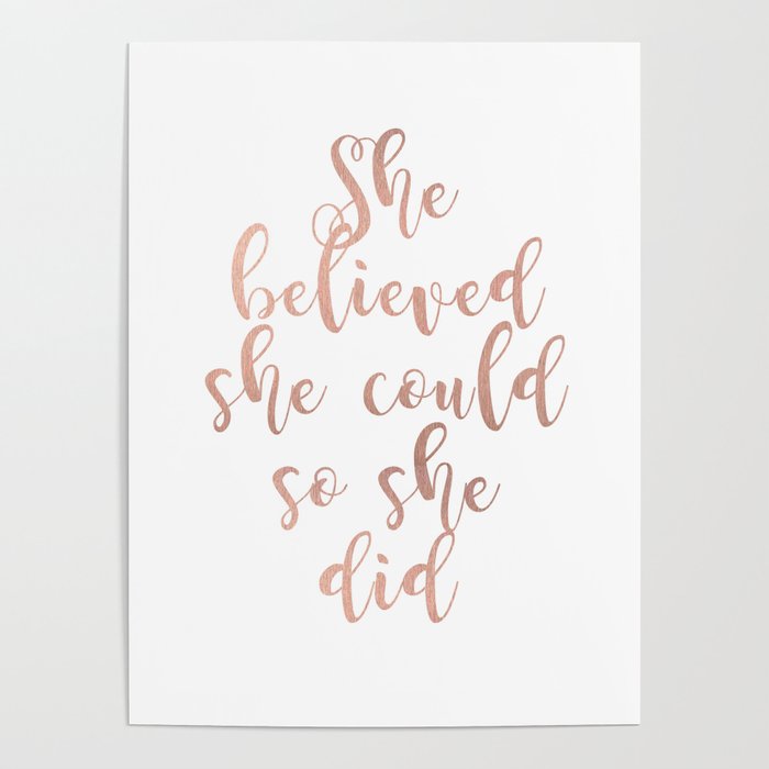 Fashion print she believed she could so she did rose gold text wall art 