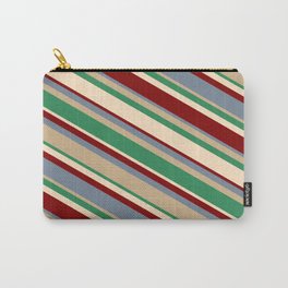 [ Thumbnail: Vibrant Light Slate Gray, Tan, Sea Green, Bisque, and Maroon Colored Lines Pattern Carry-All Pouch ]