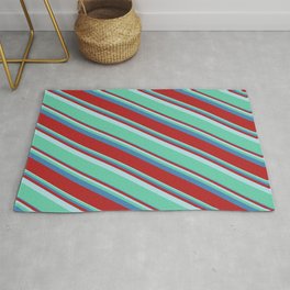 [ Thumbnail: Powder Blue, Aquamarine, Blue, and Red Colored Lined/Striped Pattern Rug ]