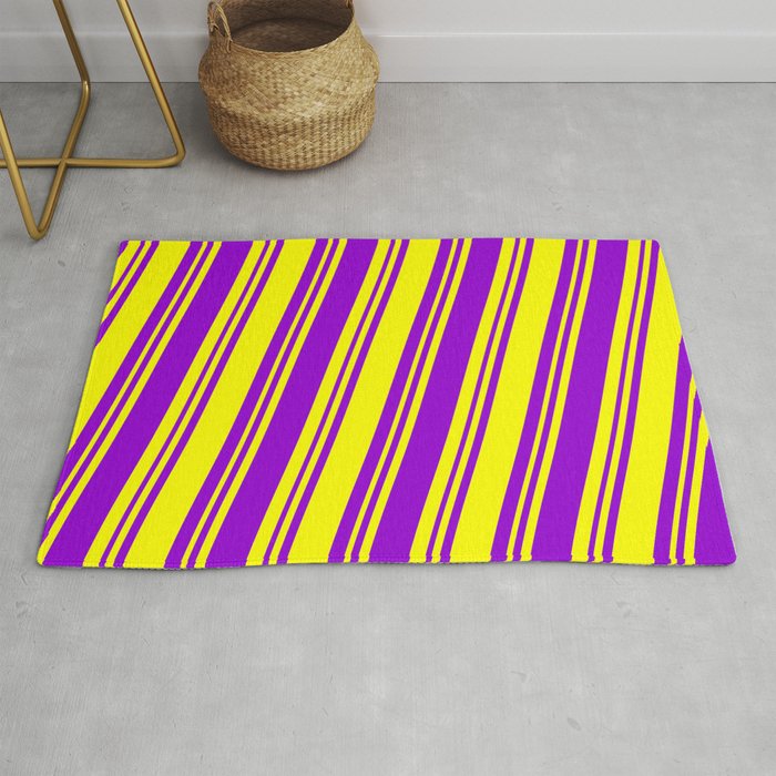 Yellow & Dark Violet Colored Lined Pattern Rug