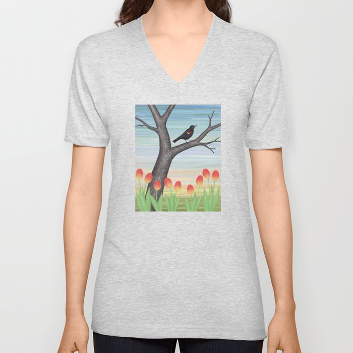 red winged blackbird and tulips V Neck T Shirt