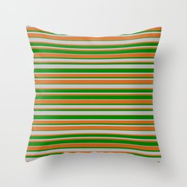[ Thumbnail: Grey, Chocolate, and Green Colored Lined Pattern Throw Pillow ]