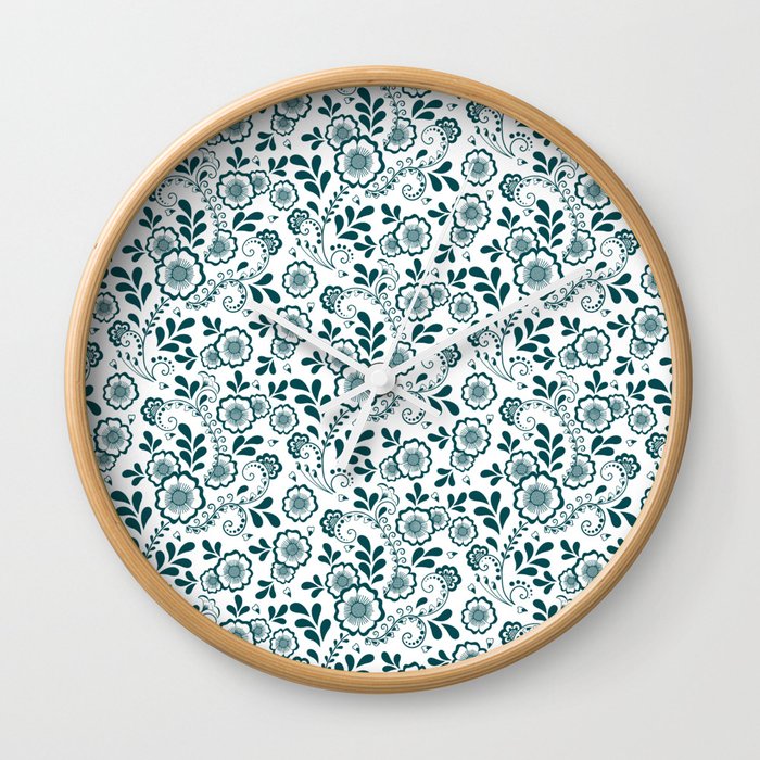 Teal Blue Eastern Floral Pattern Wall Clock