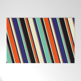 [ Thumbnail: Red, Aquamarine, Light Yellow, Black & Midnight Blue Colored Lines/Stripes Pattern Welcome Mat ]