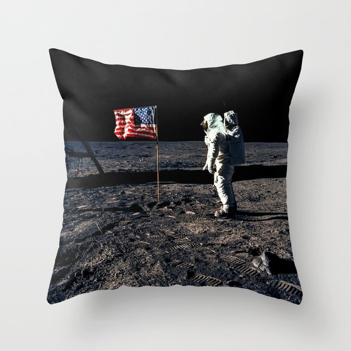 Buzz Aldrin and the U.S. Flag on the Moon Throw Pillow