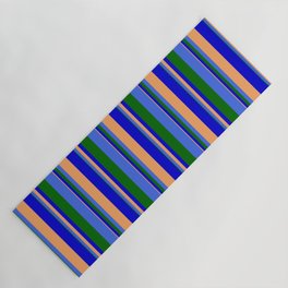 [ Thumbnail: Brown, Blue, Dark Green, and Royal Blue Colored Lines Pattern Yoga Mat ]
