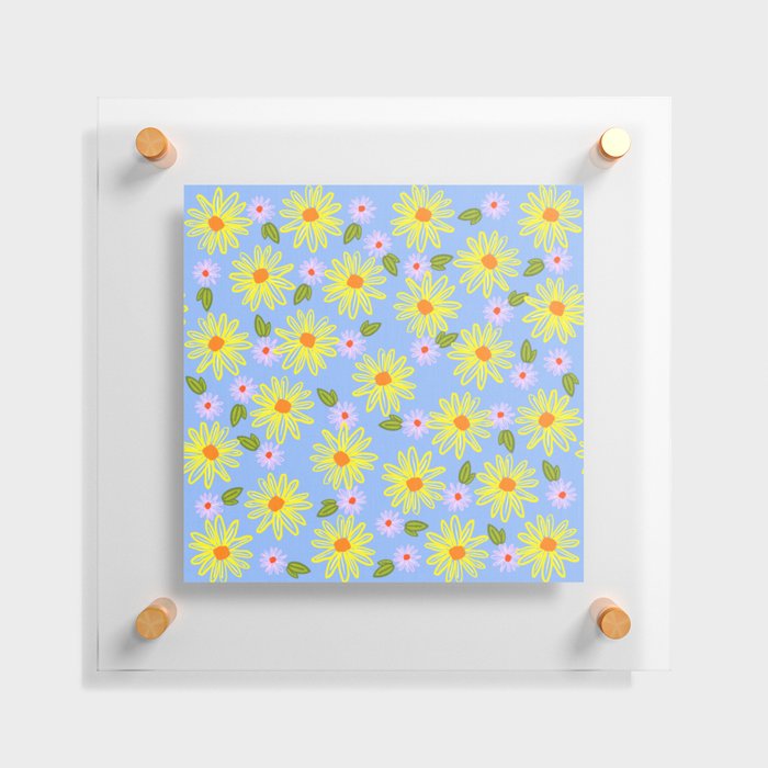 Mid-Century Modern Inked Daisies Sky Blue And Yellow Floating Acrylic Print