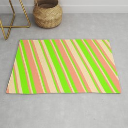[ Thumbnail: Beige, Light Salmon & Chartreuse Colored Stripes Pattern Rug ]