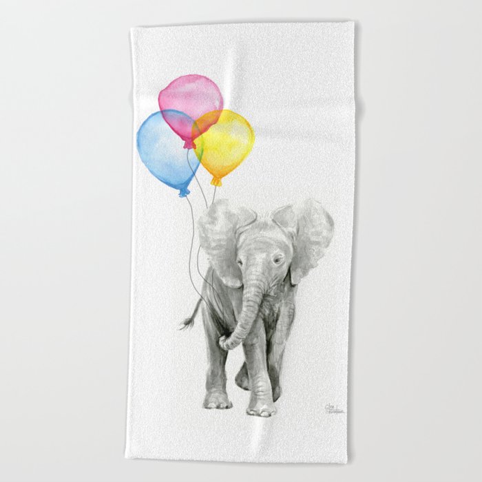 Baby Elephant with Balloons Nursery Animals Prints Whimsical Animal Beach Towel