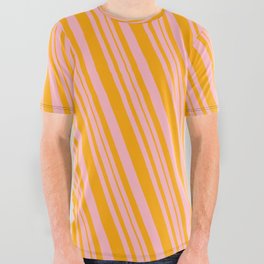 [ Thumbnail: Light Pink and Orange Colored Lined Pattern All Over Graphic Tee ]