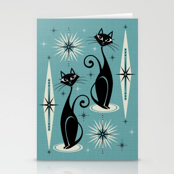 Mid Century Meow Retro Atomic Cats on Blue Stationery Cards