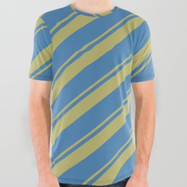 [ Thumbnail: Dark Khaki and Blue Colored Stripes Pattern All Over Graphic Tee ]