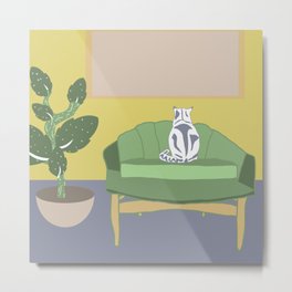 Midsummer Green Lounge with a White Cat Metal Print