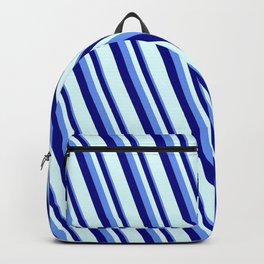 [ Thumbnail: Cornflower Blue, Blue & Light Cyan Colored Stripes/Lines Pattern Backpack ]