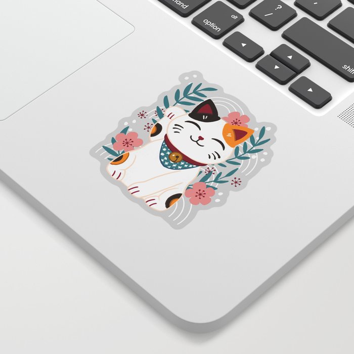Japanese Lucky Cat with Cherry Blossoms Sticker