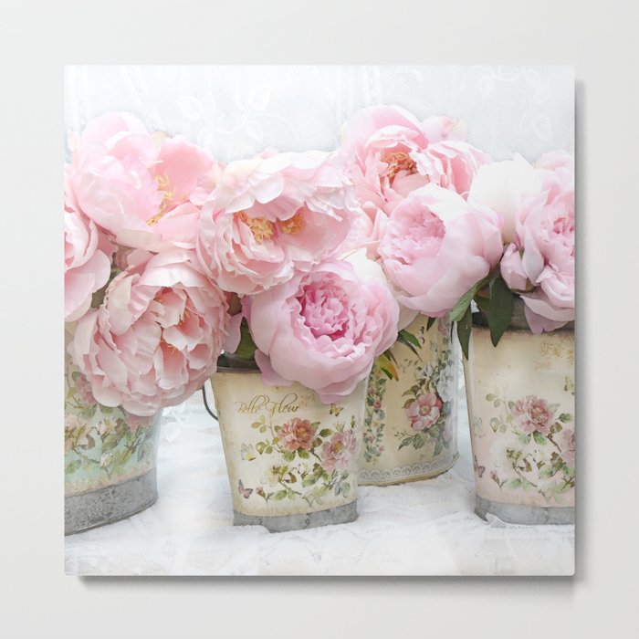 Paris Shabby Chic Pink Pastel Peonies In French Fleur Buckets Cottage Chic Wall Art Prints Home Decor Metal Print