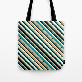 [ Thumbnail: Brown, Dark Cyan, Black, and Light Cyan Colored Stripes Pattern Tote Bag ]
