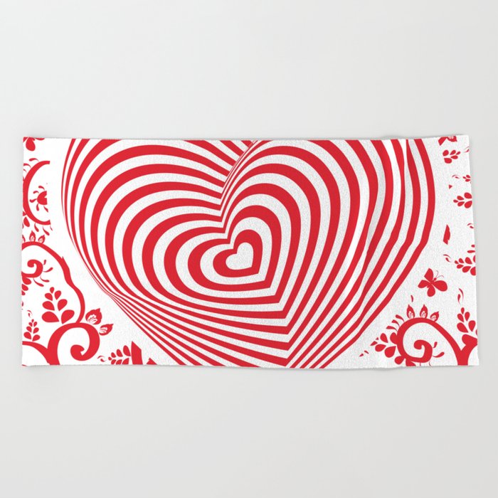 Red White Heart On Red Floral Ornament Background Optical