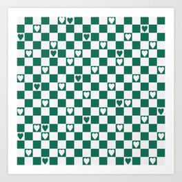 Checkered hearts teal and white Art Print