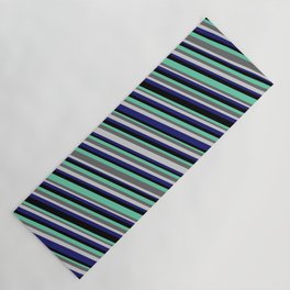 [ Thumbnail: Light Grey, Midnight Blue, Black, Aquamarine & Dim Grey Colored Lined/Striped Pattern Yoga Mat ]