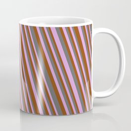 [ Thumbnail: Dim Gray, Plum & Brown Colored Stripes Pattern Coffee Mug ]