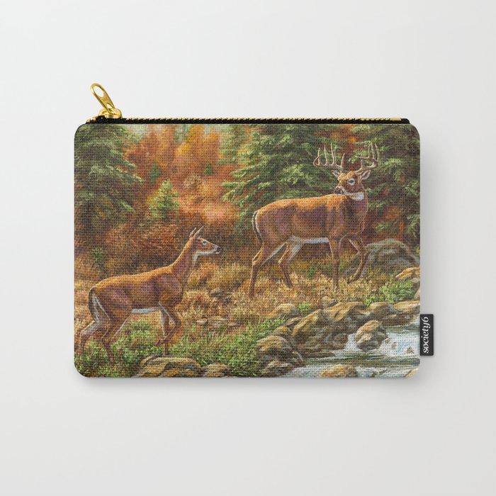 Whitetil Deer Doe & Buck by Waterfall Carry-All Pouch