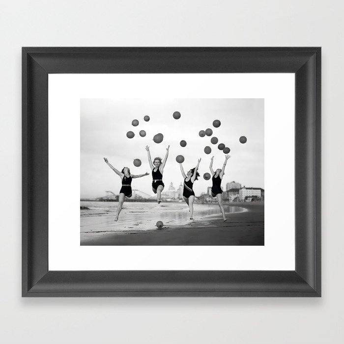Balloons dancers on the seashore female roaring twenties jazz age portrait black and white photograph - photography - photographs Framed Art Print