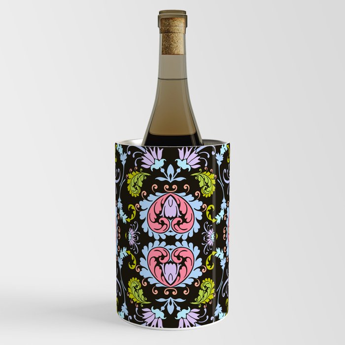bright green and black bold paisley flower bohemian  Wine Chiller